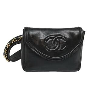 CHANEL Chain Waist Bag Lamb Skin Black Gold CC